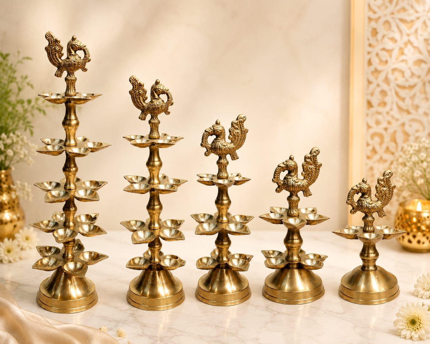 Brass Multi-Tier Peacock Diya Stand