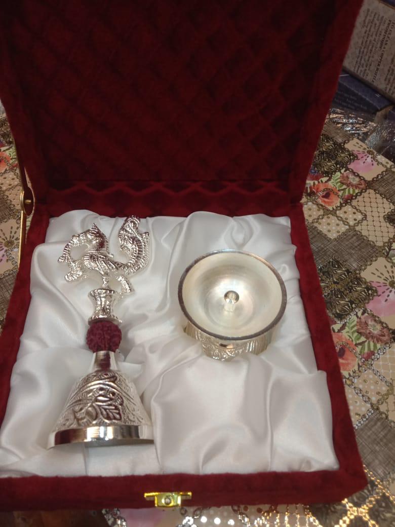 Silver Finish Pooja Gift Box (Bell & Diya)